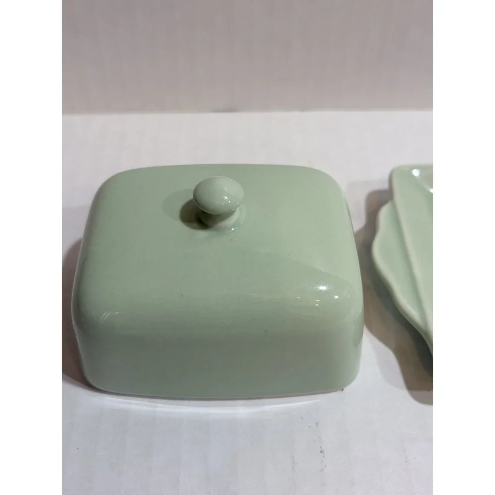 Biscuit Green Mini Ceramic Butter Dish w/ Lid Tray, Dishwasher/Microwave Safe